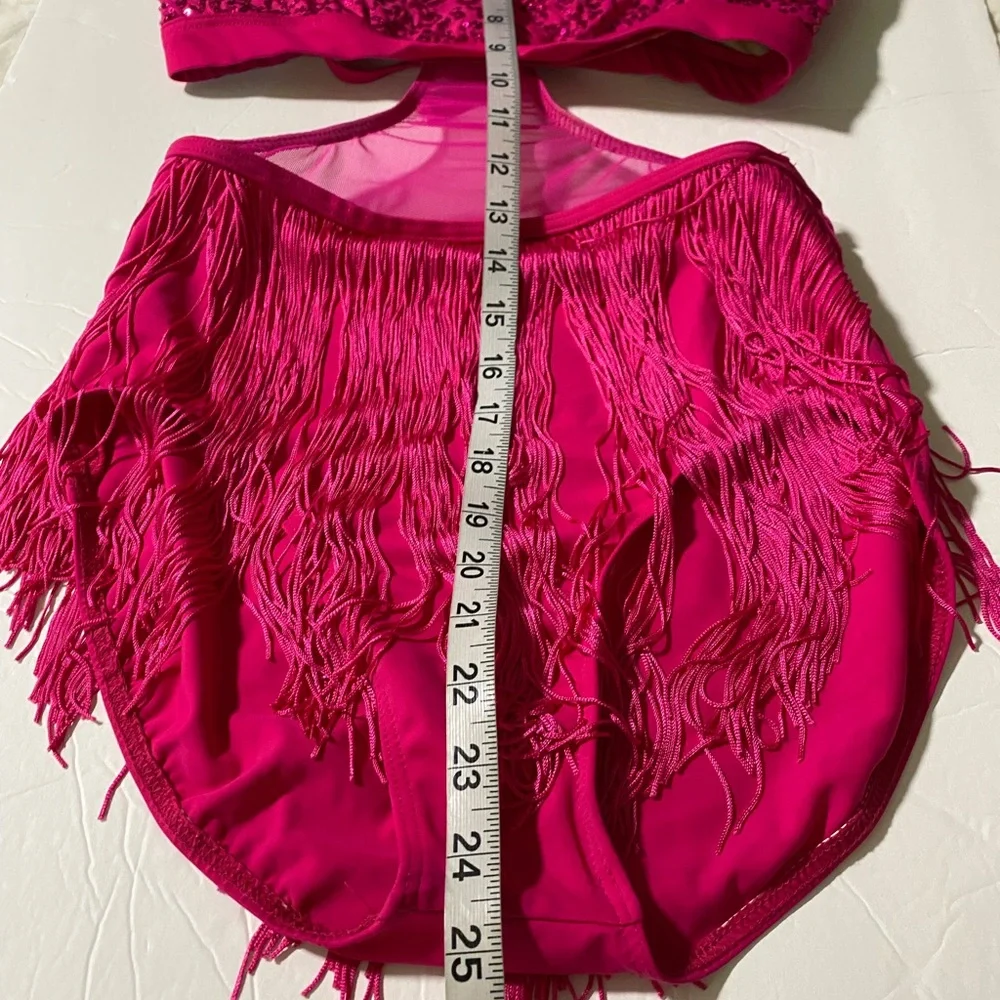 WEISSMAN elite Dance hot pink Costume SEQUIN AND FRINGE LEOTARD D10201 MA adult